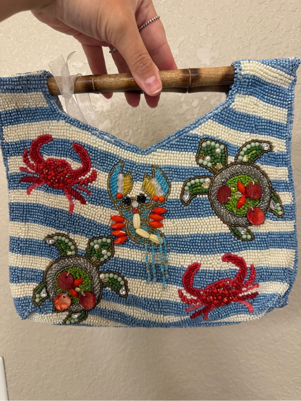 Viral Turtle & Crabs Blue White Striped Bamboo Handle Beaded Clutch - FIRM PRICE